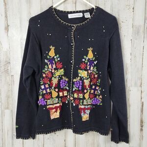 Victoria Jones Embellished Holiday Cardigan Sweater Black Size Large